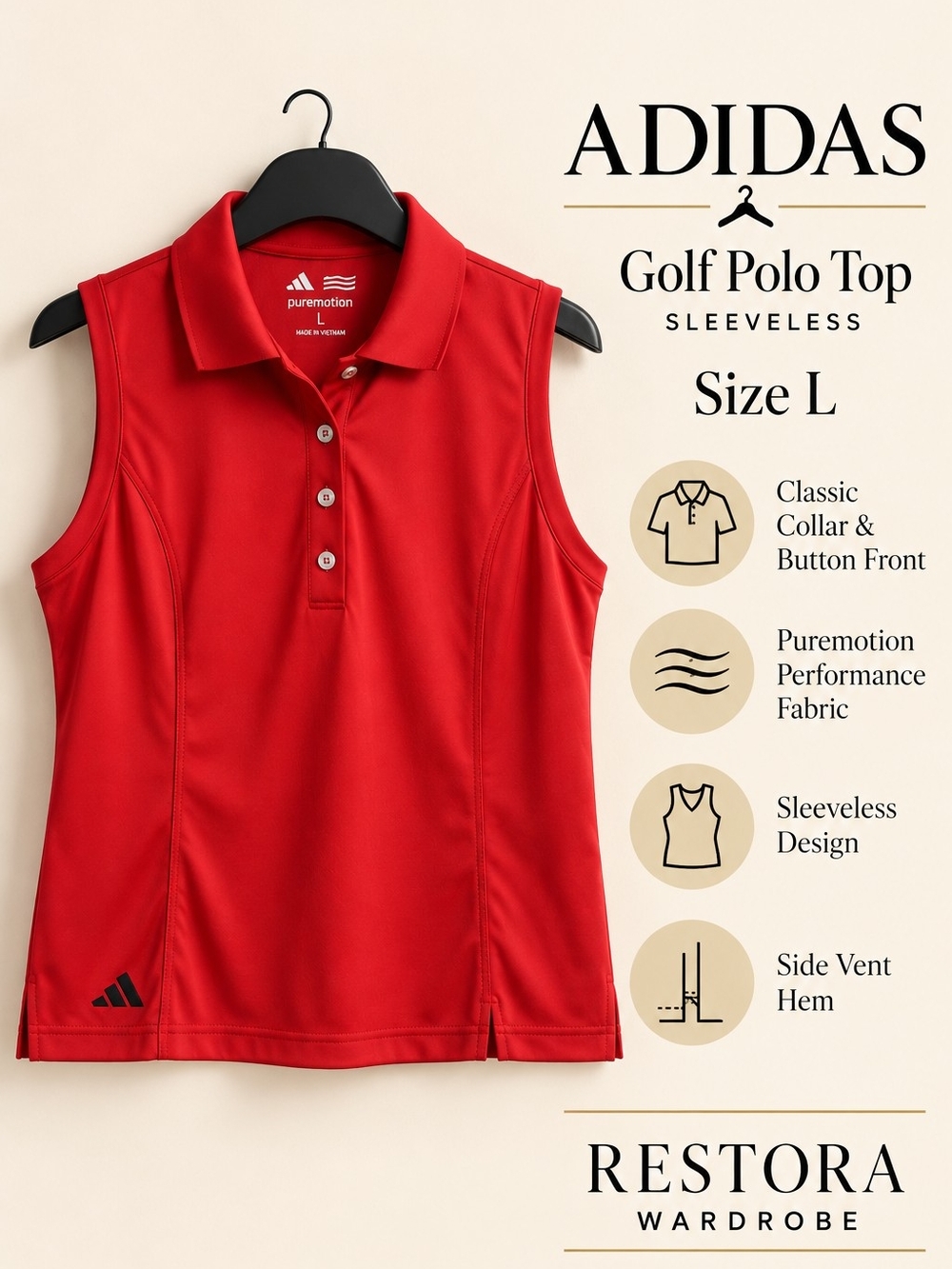 Adidas Golf Polo Top Red Sleeveless Puremotion Sporty Preppy L